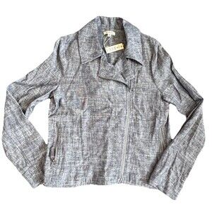 Max Studio Jacket Womens M Heathered Blue Linen Moto Asymmetrical Zip Casual